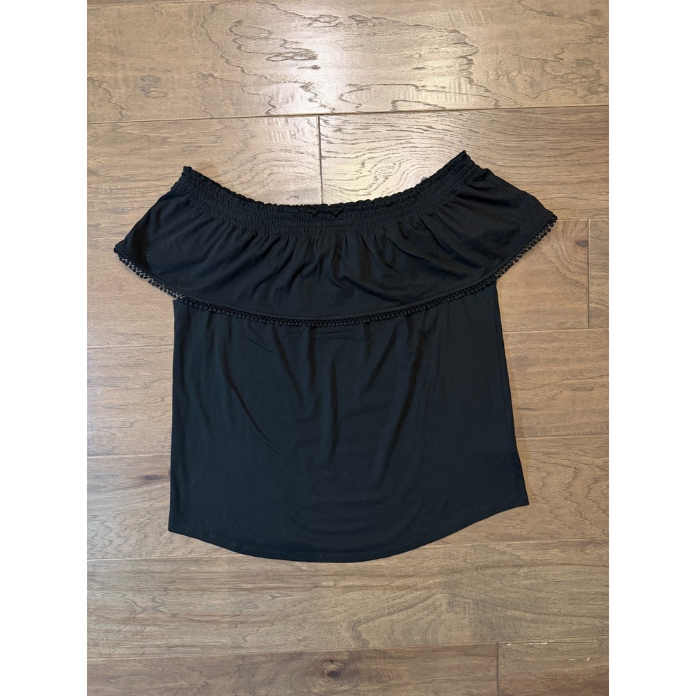 Lauren Ralph Lauren‎ Black Off The Shoulder Ruffle Pom Pom Trim Cotton Top L